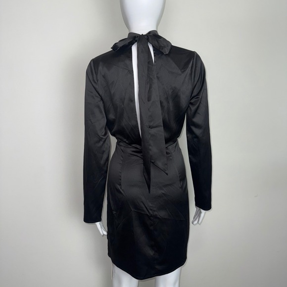Commense Black Mini Dress Long Sleeve Mock Neck Tie Back Cocktail Bodycon M - Picture 9 of 17